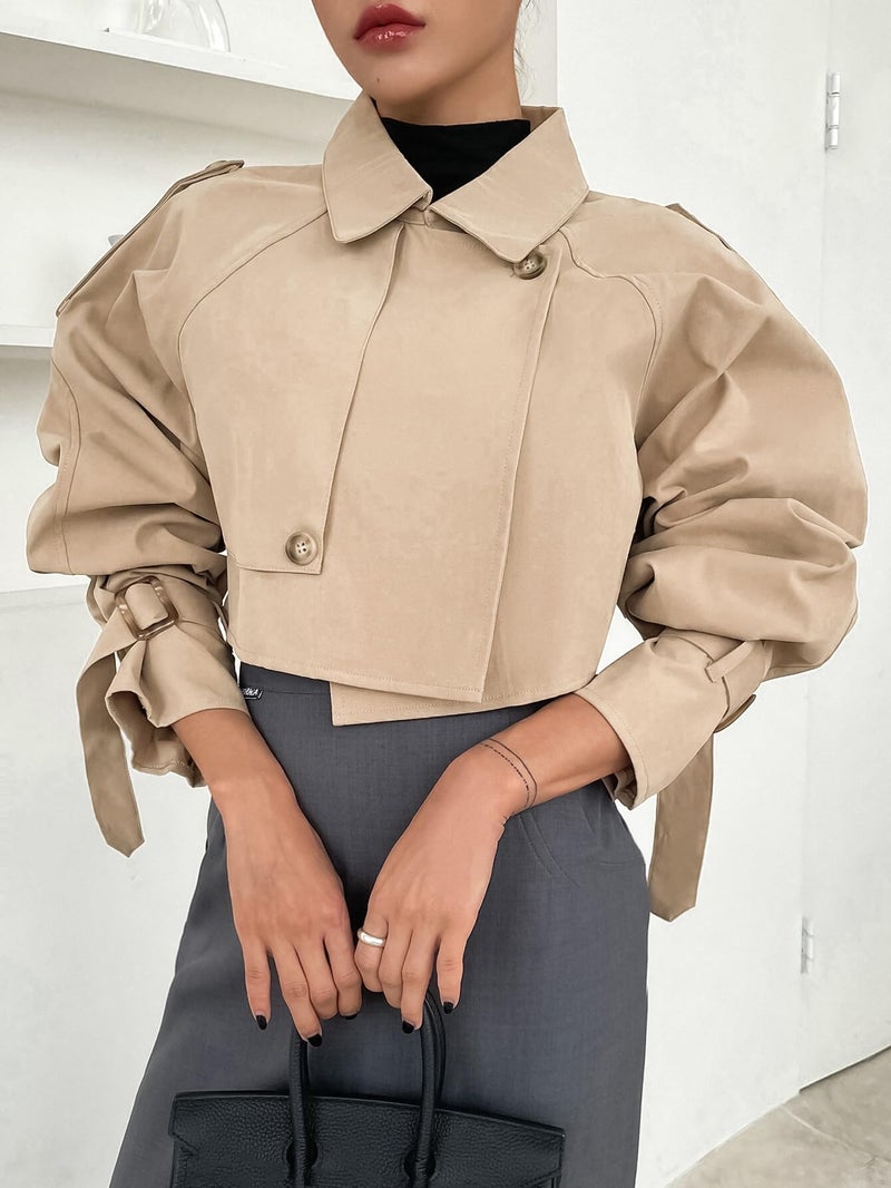 Kedera Women's Cropped Trench Coat Long Sleeve Casual Jacket Classic Double-Breasted Lapel Overcoat Fashion Outerwear - Image 5