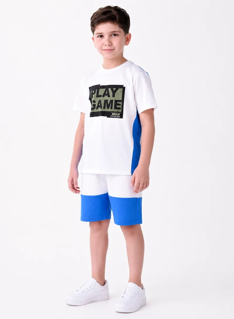 victor and jane Senior Boys (Youth/Teens) 2 piece set T-Shirt & Shorts (8-14 Years)- White and Blue - 100 % percent Cotton- victor and jane