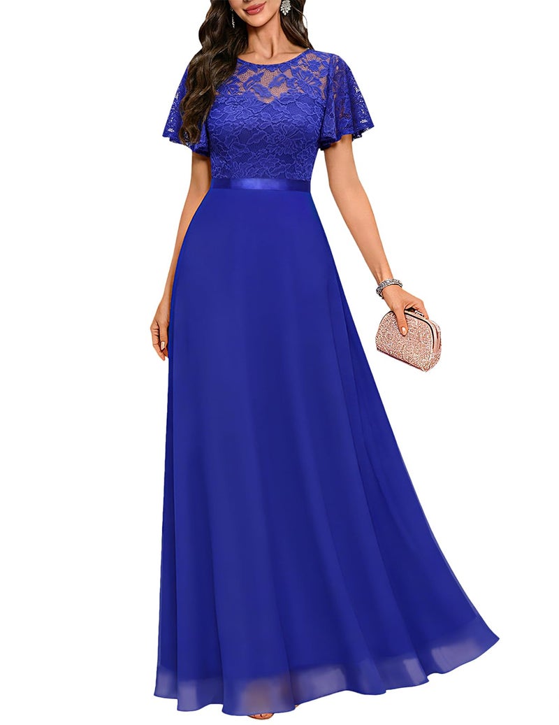 DRESSTELLS Women's Formal Dresses, Mother of Bride Wedding Guest Bridesmaid Cocktail Elegant V-Back Floor-Length Long Prom Party Lace Dress, 2025 Fall, Royal Blue M - Image 1