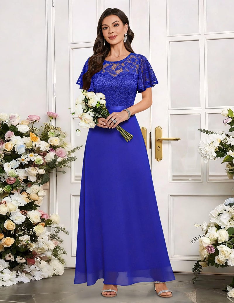 DRESSTELLS Women's Formal Dresses, Mother of Bride Wedding Guest Bridesmaid Cocktail Elegant V-Back Floor-Length Long Prom Party Lace Dress, 2025 Fall, Royal Blue M - Image 3
