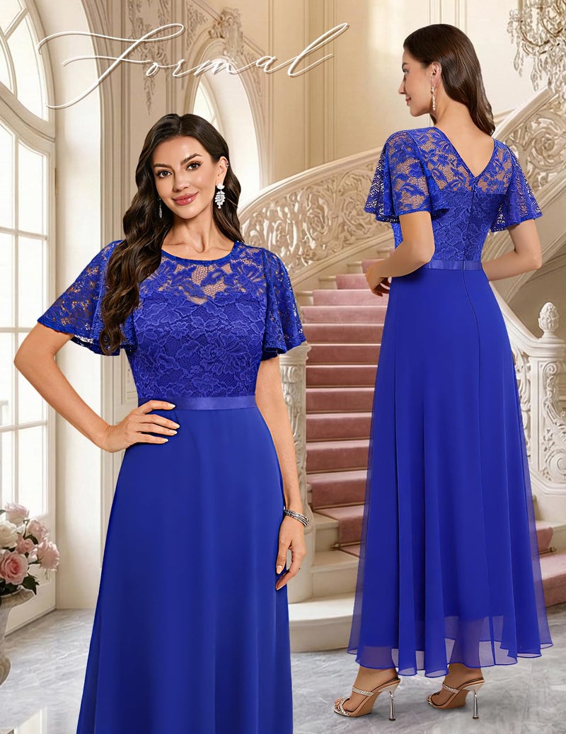 DRESSTELLS Women's Formal Dresses, Mother of Bride Wedding Guest Bridesmaid Cocktail Elegant V-Back Floor-Length Long Prom Party Lace Dress, 2025 Fall, Royal Blue M - Image 2