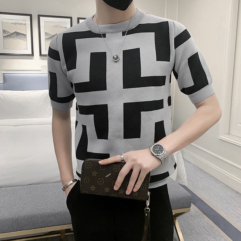 Short-sleeved Sweater Mens Slim-fit plus size Jacquard Spring and Summer Knitwear Half-sleeved Youth Stretch Handsome Short-sleeved T-shirt Grey - Image 2