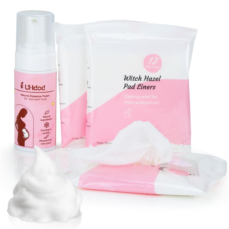 UHdod Witch Hazel Perineal Soothing Foam & Perineal Cooling Pad Liners for Postpartum Care - Postpartum Essentials Recovery Kit Includes 5 Fl Oz Witch Hazel Foam, 36 Perineal Cooling Pad Liners - Image 1