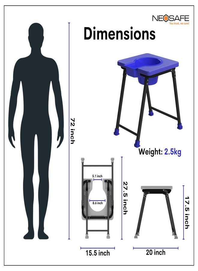 NEOSAFE Premium Folding Powder Coated Metal Steel Shower Bathing Room Mobile Commode Stool Indian Toilet Seat for Elderly Disabled Man and Pregnant Women Support Safe Chair Anti-Slip (Blue) - Image 4