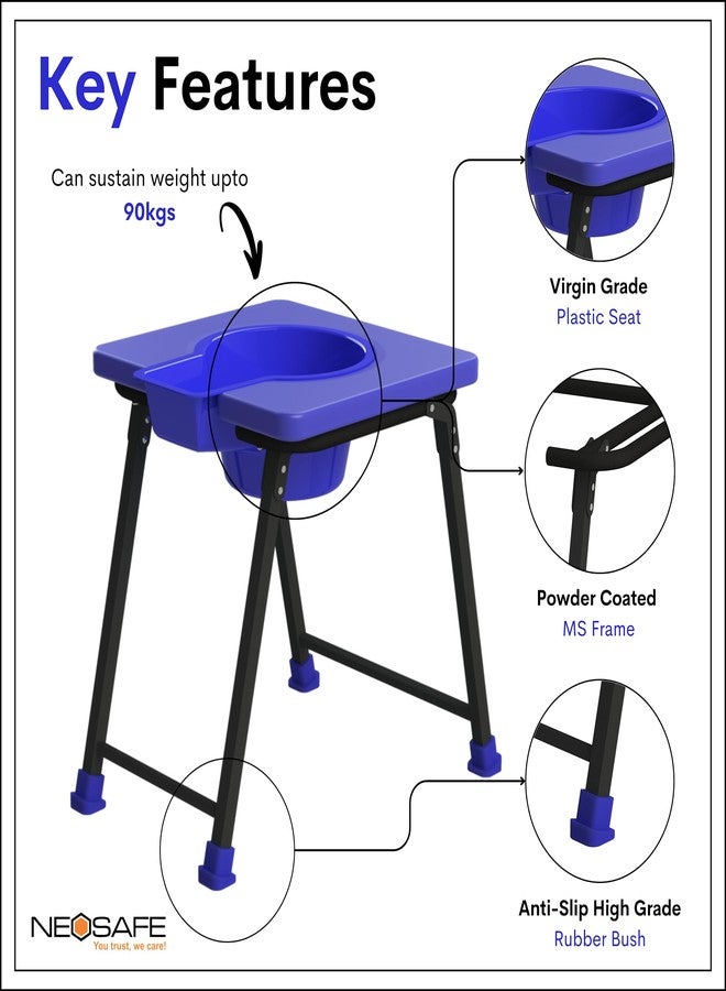 NEOSAFE Premium Folding Powder Coated Metal Steel Shower Bathing Room Mobile Commode Stool Indian Toilet Seat for Elderly Disabled Man and Pregnant Women Support Safe Chair Anti-Slip (Blue) - Image 2