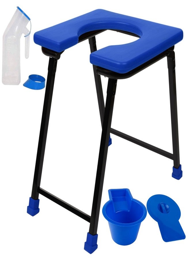 NEOSAFE Premium Folding Powder Coated Metal Steel Shower Bathing Room Mobile Commode Stool Indian Toilet Seat for Elderly Disabled Man and Pregnant Women Support Safe Chair Anti-Slip (Blue) - Image 1