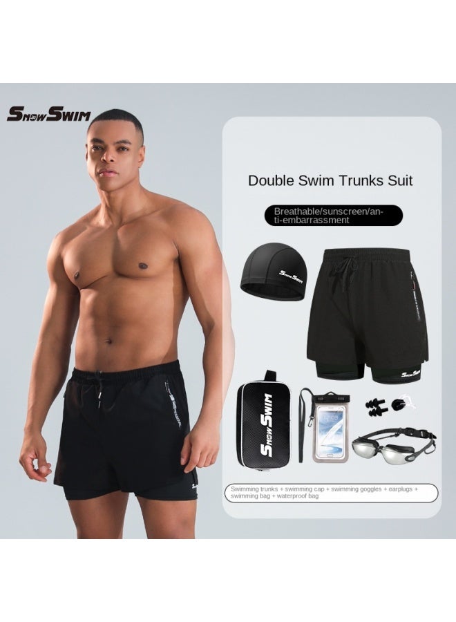 Men's Black Double-Layer Zipper Swim Trunks with Swimming Goggles 6-Piece Swimming Set
