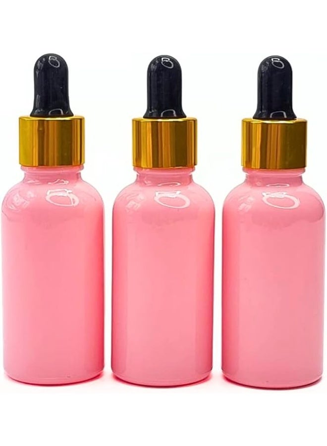 طقم زجاجات قطارة فارغة مع أغطية ذهبية - حاويات سيروم قابلة لإعادة الملء سعة 30 مل، لتخزين السيروم والزيوت ومستحضرات التجميل السائلة الأخرى، بينك، 3 قطع