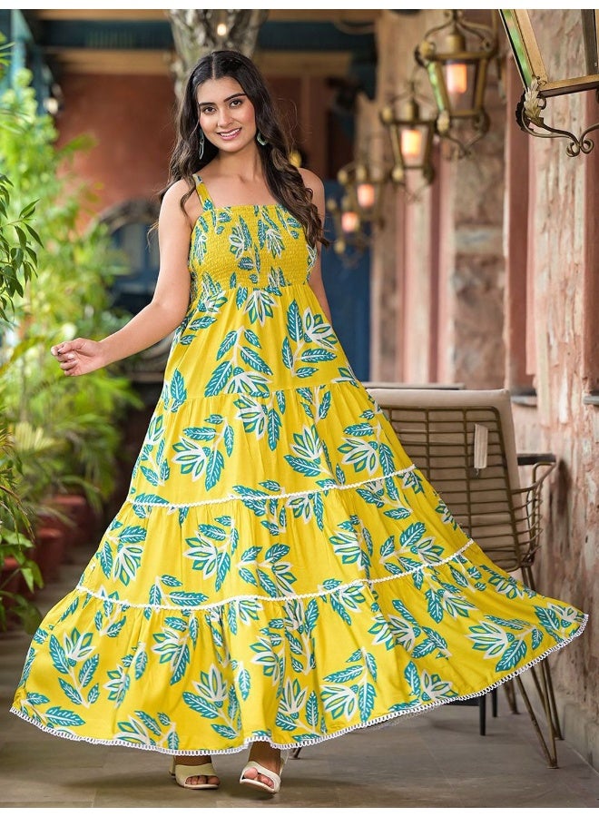 AKS Lemon Yellow Tiered Maxi Dress - Image 1