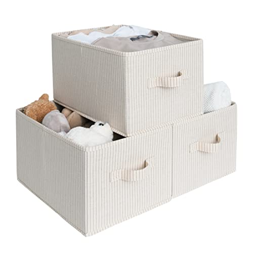 StorageWorks Storage Baskets for Shelves, Foldable Fabric Closet Storage Bins with Handles, Fabric Storage Bins Clothes Organizer, Beige Stripes, 3-Pack, Large - Image 1