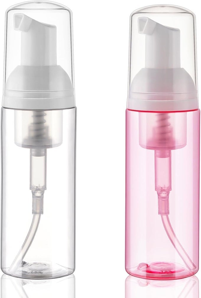 FOAM SOAP DISPENSER 2OZ 2 PACK TSA APPROVED EMPTY TRAVEL PUMP DISPENSER FOR HAND SOAP FOAMING LASH SHAMPOO FOR CLEANSER, DISPENSER(CLEAR+PINK)