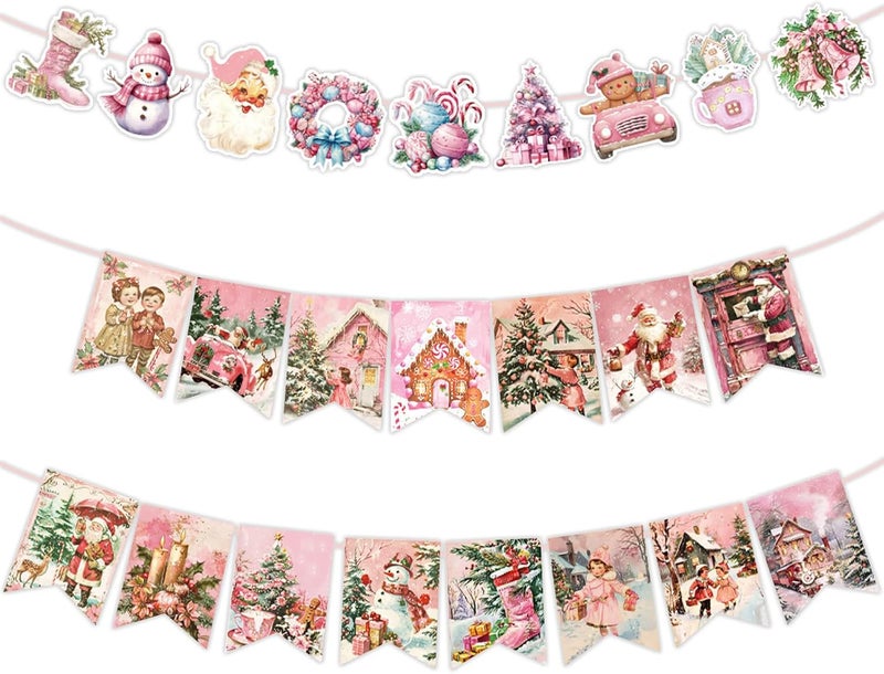 Winterworm 2 Pack Pink Christmas Decoration BannerVintage Christmas Hanging Garland Banner Santa Claus Christmas Tree Gingerbread House Bunting Banner for Classroom Home Fireplace Indoor Christmas Party Decor - Image 1