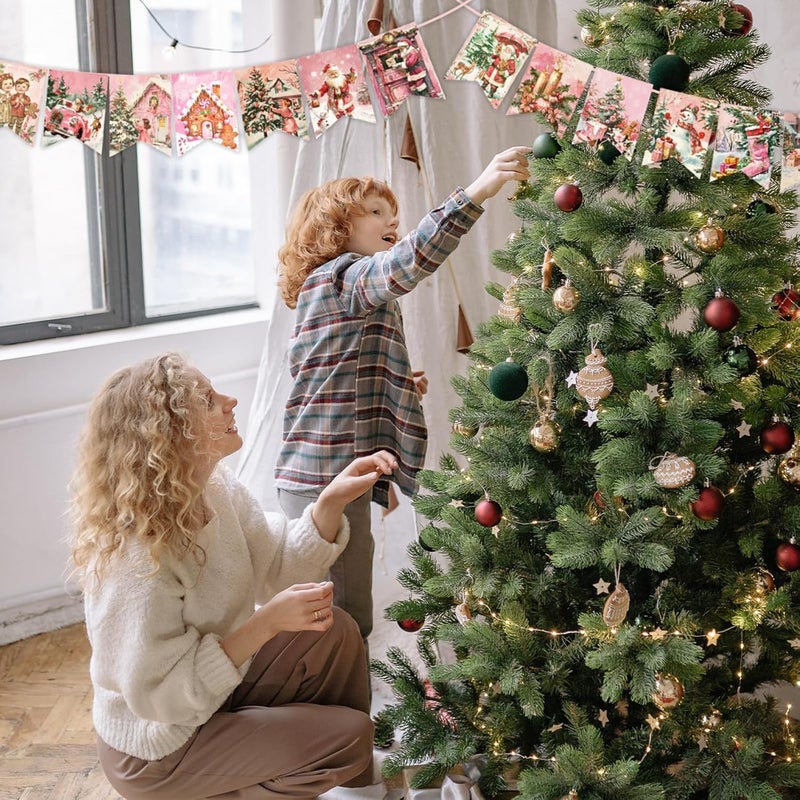 Winterworm 2 Pack Pink Christmas Decoration BannerVintage Christmas Hanging Garland Banner Santa Claus Christmas Tree Gingerbread House Bunting Banner for Classroom Home Fireplace Indoor Christmas Party Decor - Image 4