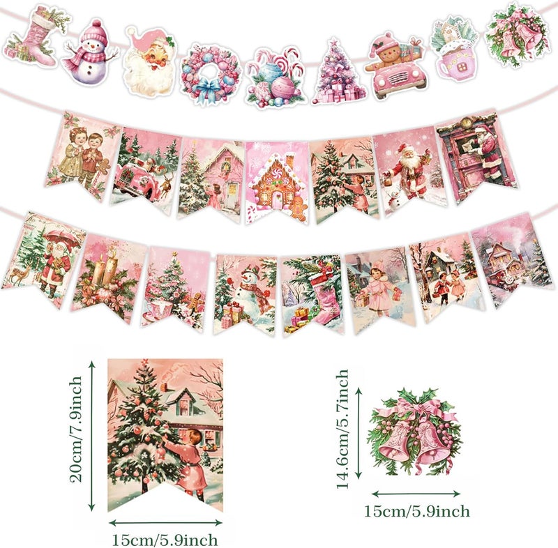 Winterworm 2 Pack Pink Christmas Decoration BannerVintage Christmas Hanging Garland Banner Santa Claus Christmas Tree Gingerbread House Bunting Banner for Classroom Home Fireplace Indoor Christmas Party Decor - Image 2