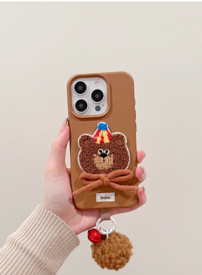 NIBEMINENT Bows And Ribbons Embroidery Protective TPU Case Cover For iPhone 14, Brown Furry Bear With Red Bell With Red Pom Pom