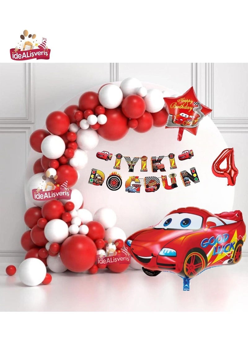 Store Banner 4 Year Old Red Car Star Foil Balloon White Red Concept Birthday Party Set 
