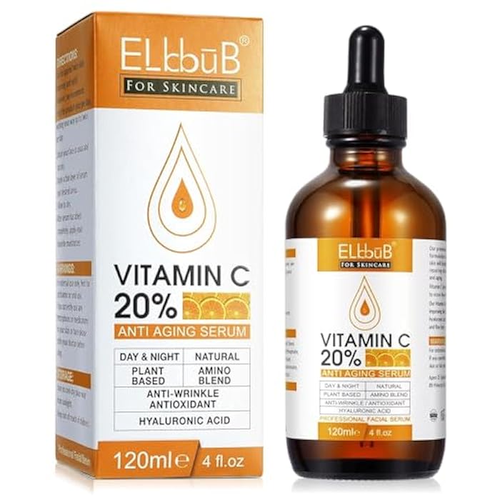 ELBBUB Premium 20% Vitamin C Serum For Face with Hyaluronic Acid, Retinol & Amino Acids - Boost Skin Collagen,Hydrate & Plump Skin, Anti Aging & Wrinkle Facial Serum (4 Fl Oz (Pack of 1)) - Image 1