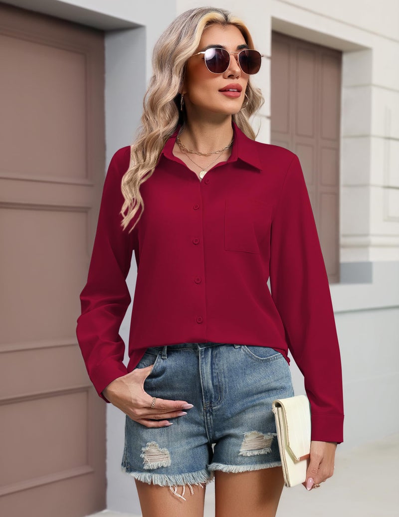 HOTOUCH Women Long Sleeve Button Down Shirt V Neck Blouse Dressy Casual Office Spring Fashion Red S - Image 4