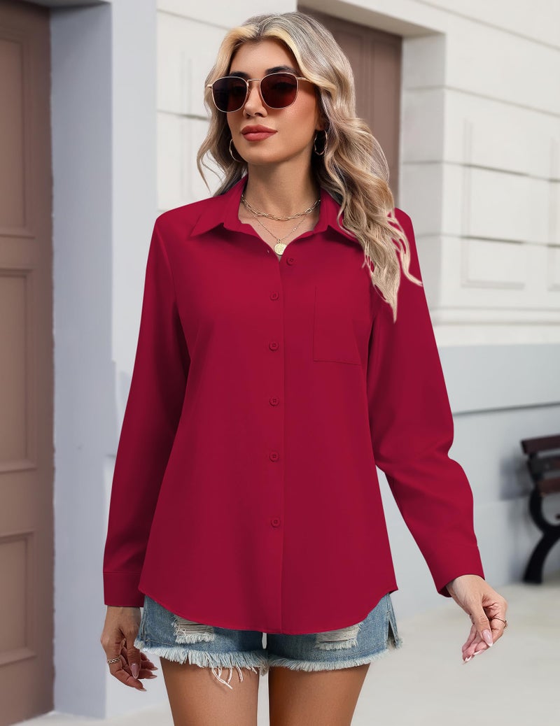HOTOUCH Women Long Sleeve Button Down Shirt V Neck Blouse Dressy Casual Office Spring Fashion Red S - Image 5