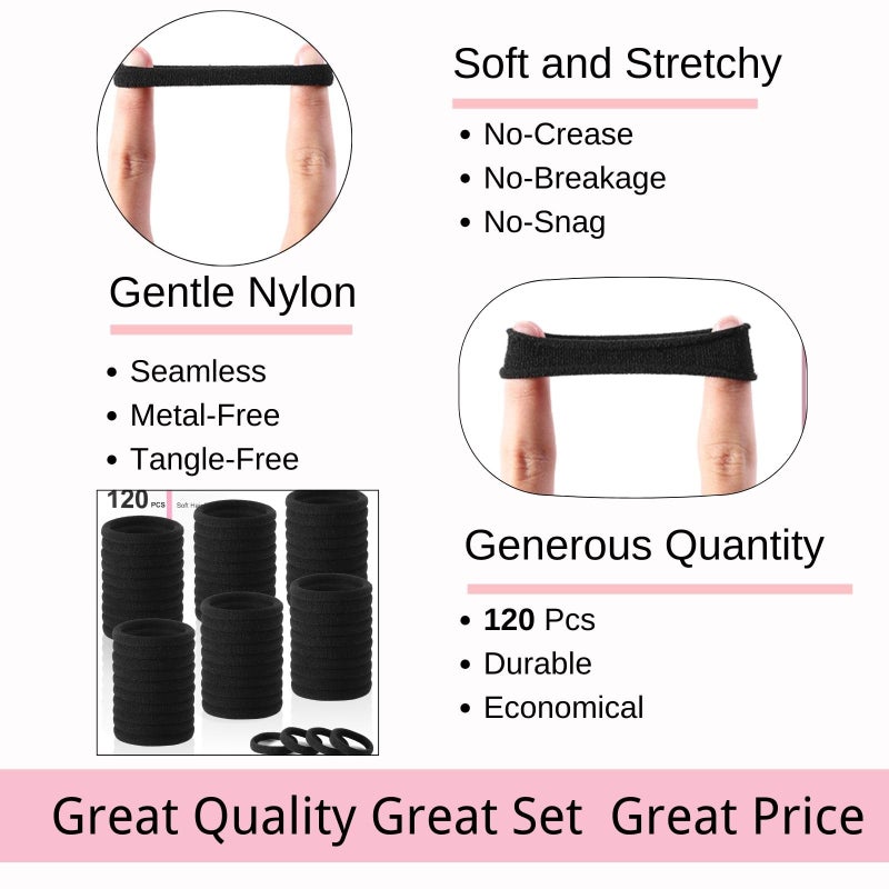 LuSeren 120PCS Black Hair Ties for Thick Hair â€“ Seamless No Damage Elastic Ponytail Holders, Black Hair Band,Bulk Nylon Hair Elastics for Women - Image 3