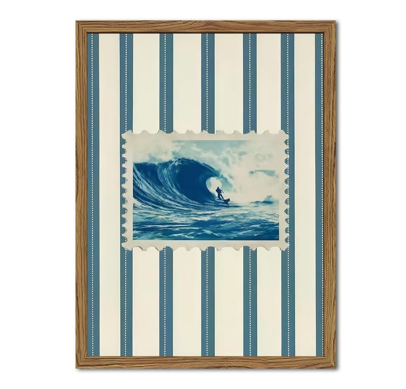yulihaz Vintage Surf Stripe Wall Art Trendy Coastal Wall Decor Painting Blue and White Beach Surf Poster Canvas Print for Bedroom Living Room Bathroom 12x16 inch Wood Framed - Image 2