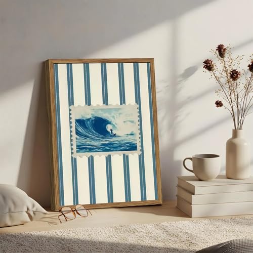yulihaz Vintage Surf Stripe Wall Art Trendy Coastal Wall Decor Painting Blue and White Beach Surf Poster Canvas Print for Bedroom Living Room Bathroom 12x16 inch Wood Framed - Image 3