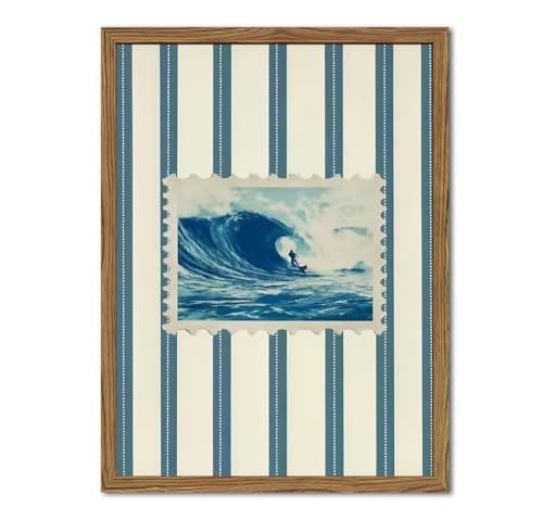 yulihaz Vintage Surf Stripe Wall Art Trendy Coastal Wall Decor Painting Blue and White Beach Surf Poster Canvas Print for Bedroom Living Room Bathroom 12x16 inch Wood Framed - Image 1