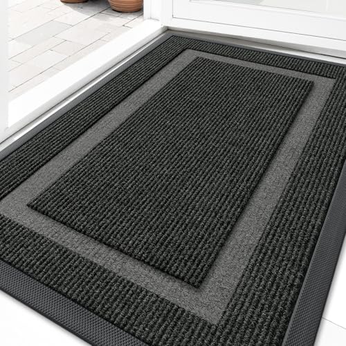 OLANLY Front Door Mat Indoor Outdoor Entrance Waterproof AllSeason AllWeather Doormat Sturdy Natural Rubber Fade Resistant Low Profile Easy Clean Patio Porch Entryway Mat 295x17 Black