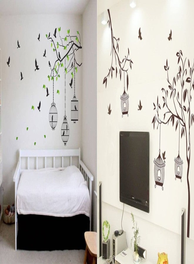 Walltech Set of 2 Wall Sticker Flying Bird with Cage and Free Bird Cage Brown Wall Sticker - Image 1