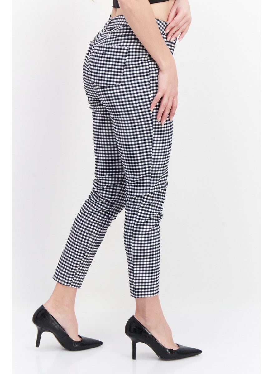 Zero Women Regular Fit Microgrid Print Straight Leg Pants, Black  - Image 3