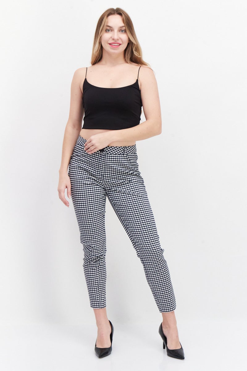 Zero Women Regular Fit Microgrid Print Straight Leg Pants, Black - Image 4