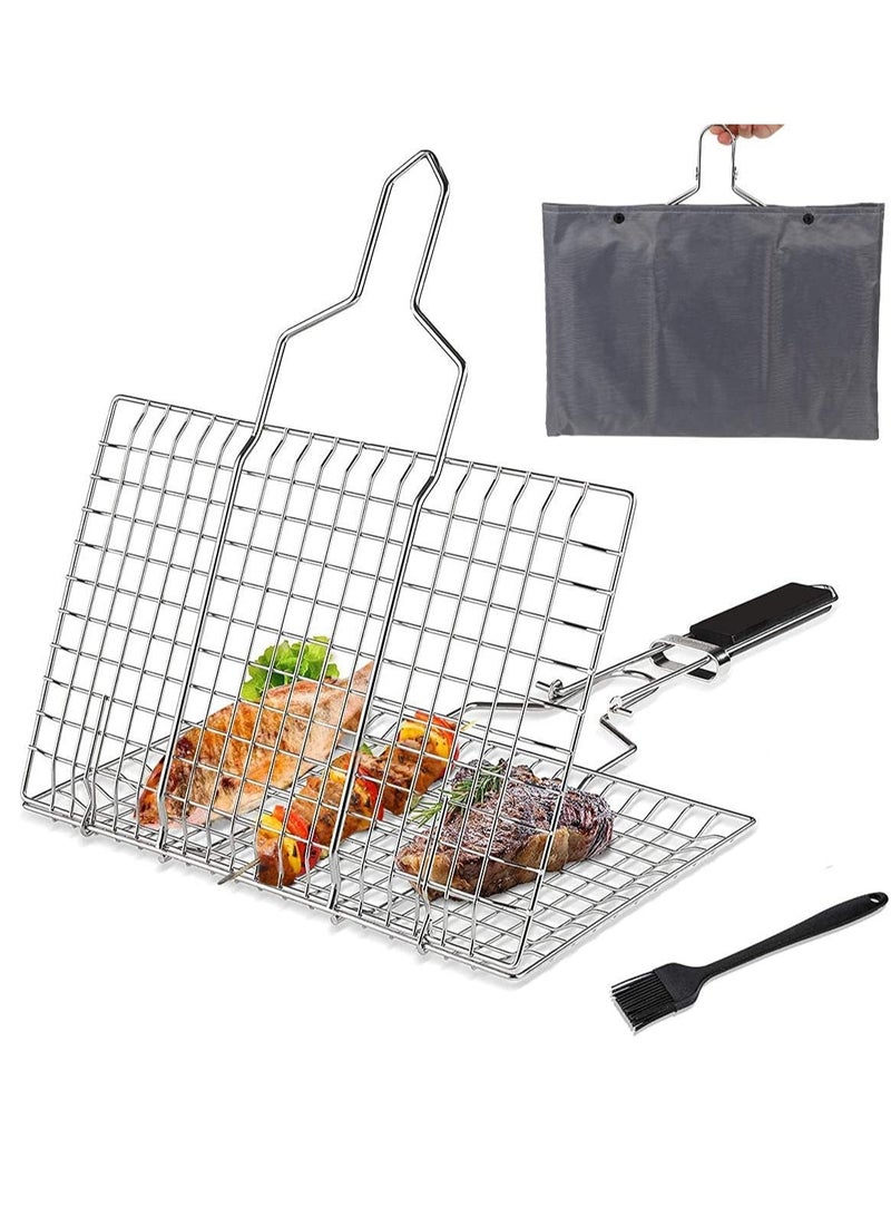 Bukela BBQ Grilling Basket, Foldable Stainless Steel Barbecue Grill Basket for Fish Vegetables Shrimp with Removable Handle, Basting Brush and Storage Bag 32x22cm - Image 1