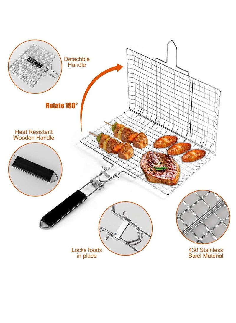 Bukela BBQ Grilling Basket, Foldable Stainless Steel Barbecue Grill Basket for Fish Vegetables Shrimp with Removable Handle, Basting Brush and Storage Bag 32x22cm - Image 2