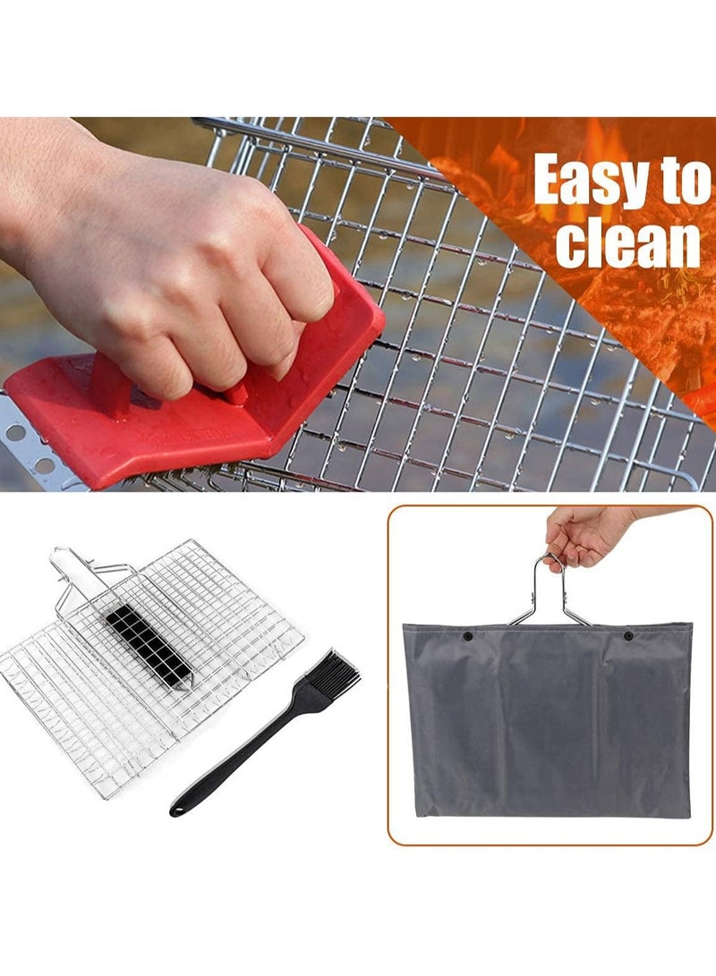 Bukela BBQ Grilling Basket, Foldable Stainless Steel Barbecue Grill Basket for Fish Vegetables Shrimp with Removable Handle, Basting Brush and Storage Bag 32x22cm - Image 3