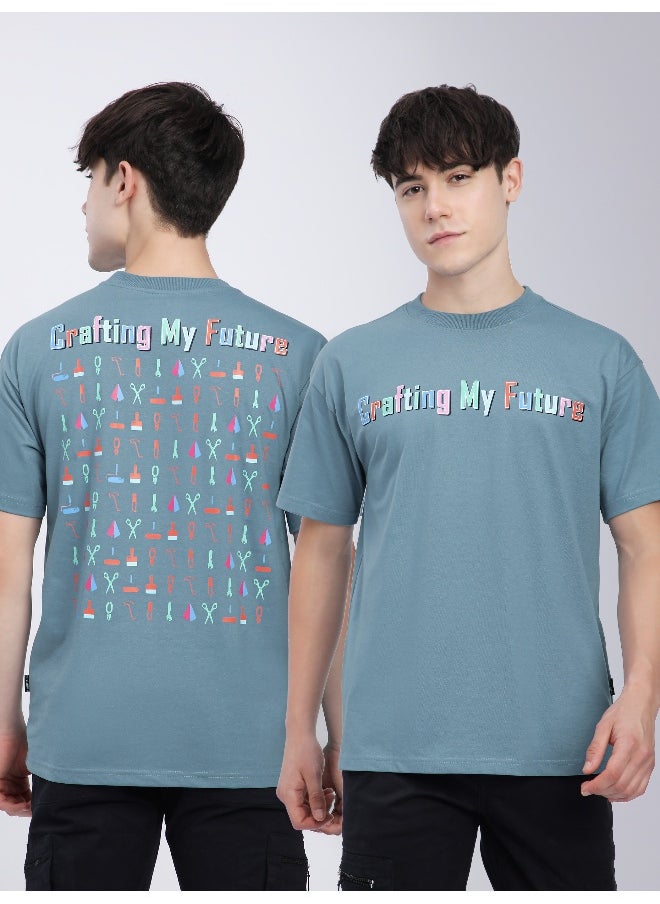 Beyoung Smoky Blue Typography Printed Oversized T-Shirt  - Image 4