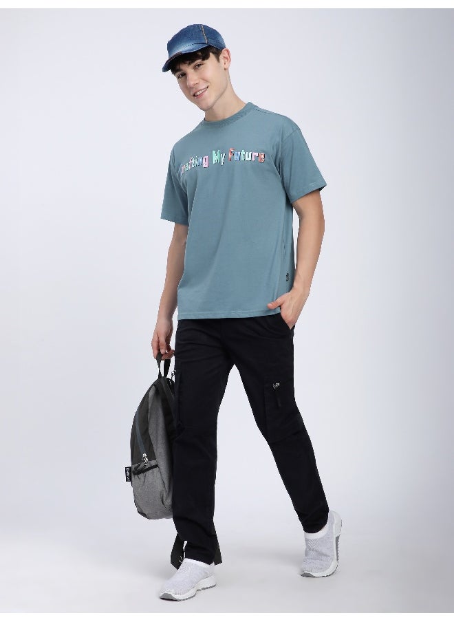 Beyoung Smoky Blue Typography Printed Oversized T-Shirt  - Image 5