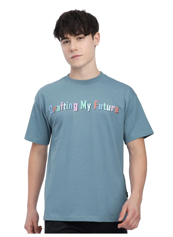 Beyoung Smoky Blue Typography Printed Oversized T-Shirt