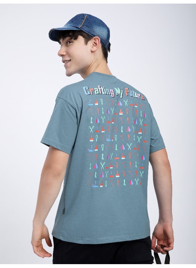 Beyoung Smoky Blue Typography Printed Oversized T-Shirt  - Image 3
