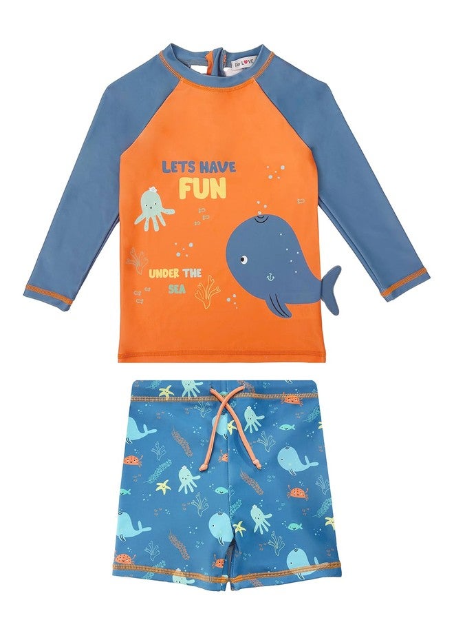 weVSwe Toddler Swimsuit Boy UPF 50+ Long Sleeved Baby Bathing Suit Set Infant Swim Shirt Trunk Two Piece Blue Orange Whale 18-24 Months - Image 1