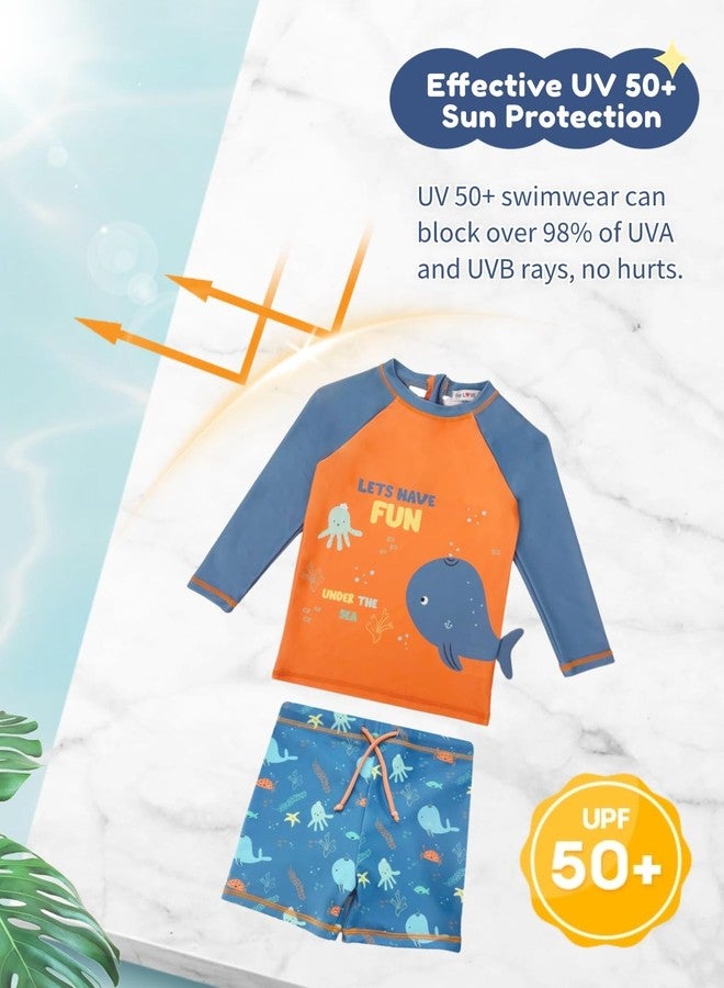 weVSwe Toddler Swimsuit Boy UPF 50+ Long Sleeved Baby Bathing Suit Set Infant Swim Shirt Trunk Two Piece Blue Orange Whale 18-24 Months - Image 4