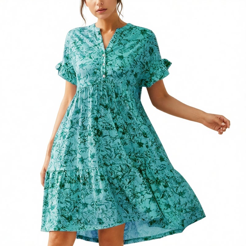 V Neck Button Print Short Sleeve Loose Casual Dress - Image 1