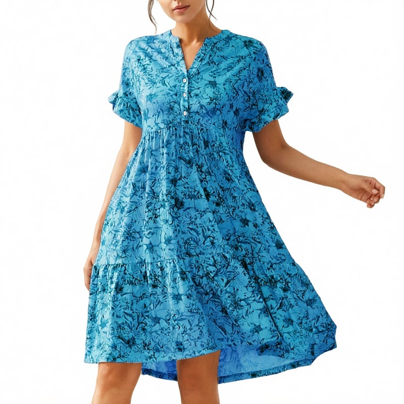 V Neck Button Print Short Sleeve Loose Casual Dress - Image 2