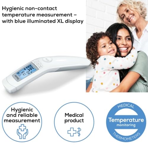 Beurer 3-in-1 Forehead Non-Contact, Body, Surface, Room Temperature, High Accuracy, Large Blue Backlit LCD Display Thermometer, 60 Memory Spaces, FT90 White, 32 Count (Pack of 1) - Image 2