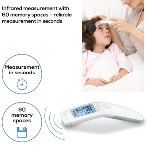 Beurer 3-in-1 Forehead Non-Contact, Body, Surface, Room Temperature, High Accuracy, Large Blue Backlit LCD Display Thermometer, 60 Memory Spaces, FT90 White, 32 Count (Pack of 1) - Image 4