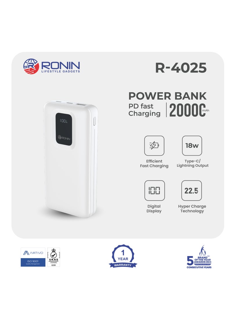 رونين باور بانك رونين ريفايف R-4025 سعة 20000 مللي أمبير - شحن سريع 22.5 واط - منفذ Type-C بقدرة 20 واط و USB بقدرة 22.5 واط - شاشة رقمية - مدخل مزدوج - بطارية ليثيوم بوليمر - للايفون والاندرويد والسماعات - أبيض - Image 3