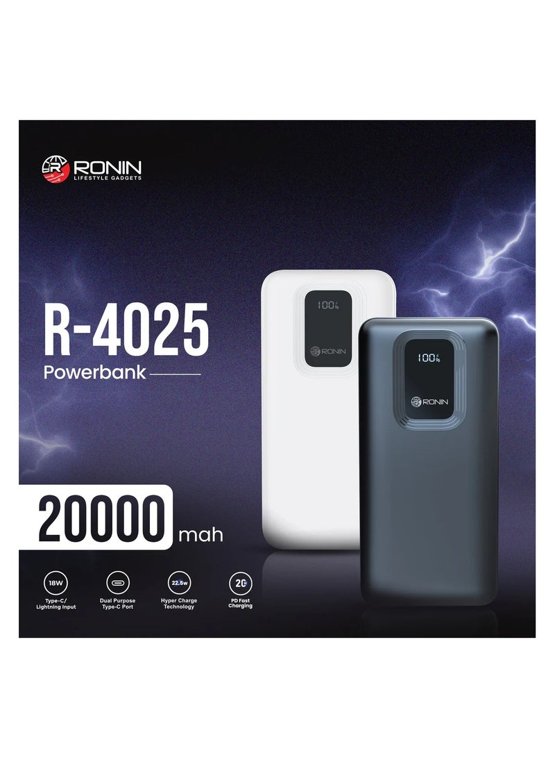 رونين باور بانك رونين ريفايف R-4025 سعة 20000 مللي أمبير - شحن سريع 22.5 واط - منفذ Type-C بقدرة 20 واط و USB بقدرة 22.5 واط - شاشة رقمية - مدخل مزدوج - بطارية ليثيوم بوليمر - للايفون والاندرويد والسماعات - أبيض - Image 4