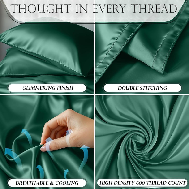 DECOLURE Satin Sheets Queen Size Bed Set 6 Pcs - Elegant Satin Bed Sheets w/15-inch Deep Pocket - Hypoallergenic, Double Stitching, Wrinkle Free - Silky & Luxuriously Soft Satin Bedding (Dark Green) - Image 3