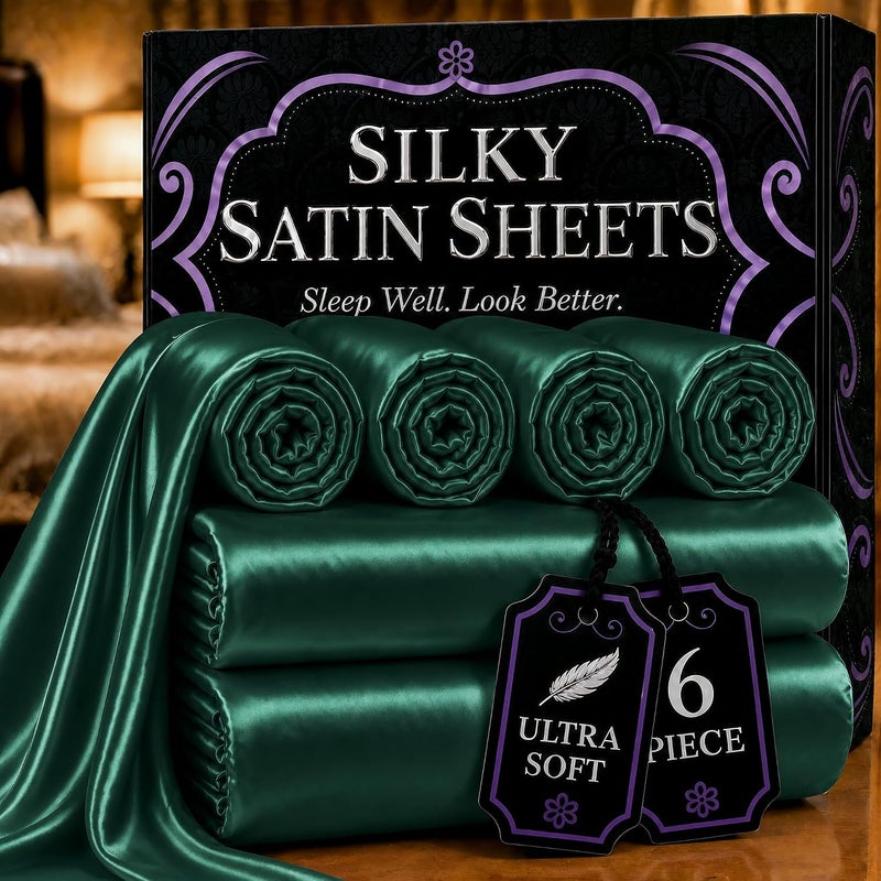 DECOLURE Satin Sheets Queen Size Bed Set 6 Pcs - Elegant Satin Bed Sheets w/15-inch Deep Pocket - Hypoallergenic, Double Stitching, Wrinkle Free - Silky & Luxuriously Soft Satin Bedding (Dark Green) - Image 1