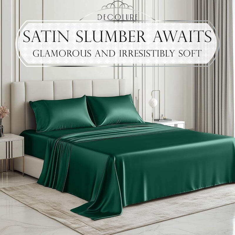 DECOLURE Satin Sheets Queen Size Bed Set 6 Pcs - Elegant Satin Bed Sheets w/15-inch Deep Pocket - Hypoallergenic, Double Stitching, Wrinkle Free - Silky & Luxuriously Soft Satin Bedding (Dark Green) - Image 2