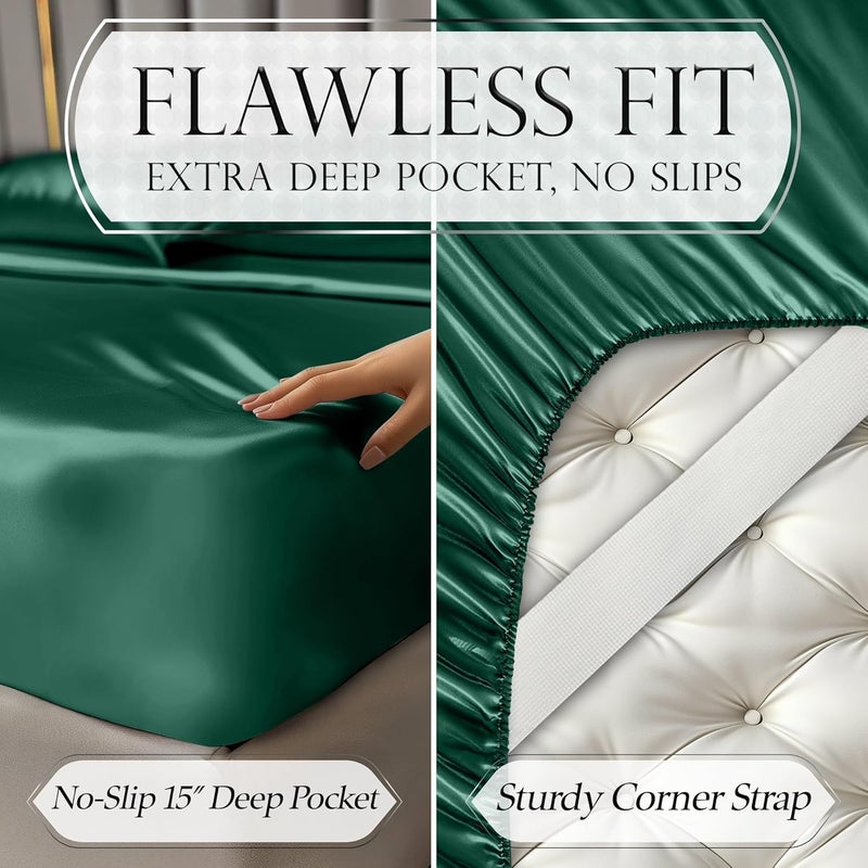 DECOLURE Satin Sheets Queen Size Bed Set 6 Pcs - Elegant Satin Bed Sheets w/15-inch Deep Pocket - Hypoallergenic, Double Stitching, Wrinkle Free - Silky & Luxuriously Soft Satin Bedding (Dark Green) - Image 5